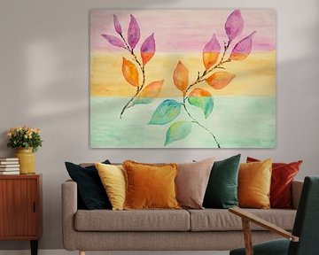 Bright leaves (watercolour of twigs with leaves in bright colours)