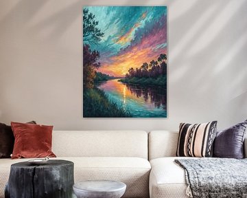 Omarming door rivier's schemering van Artistic