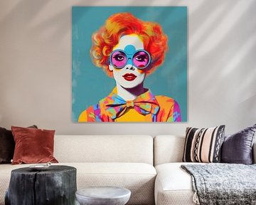 Vrouwenportret grote roze bril oranje haar kleurrijke kleding van gm_designs