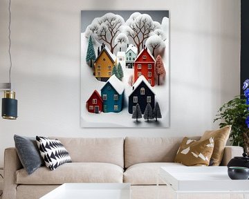 Miniatuur landschap gestileerd wit zwart grijs geel huizen bomen van gm_designs