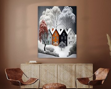 Miniatuur landschap winter sneeuw wit zwart grijs geel huizen bomen van gm_designs