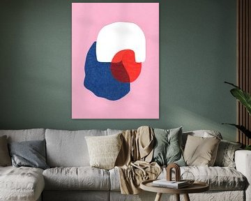 Abstracte collage in roze, blauw, rood en wit van Charlie Bakker