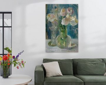 Lichtlila tulpen in een glazen kan, Floris Verster