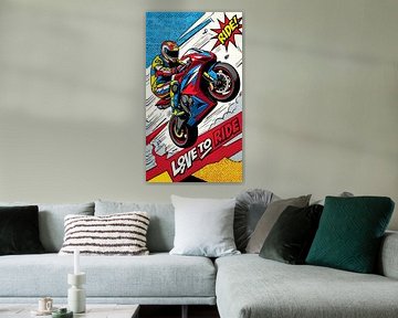 Pop-art: Kleurrijke wheelie van MotorPoster