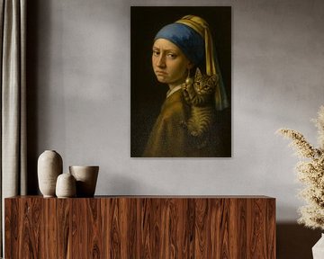 The girl with the pearl earring and the cat by Poster Art Shop