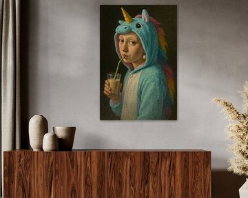 Mädchen im Einhorn-Kostüm mit Getränk von Poster Art Shop