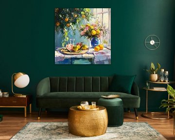 Zomers stilleven met bloemen en citrusvruchten van Vlindertuin-Art