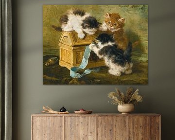 Henriëtte Ronner-Knip - Drie katjes met een kist en blauw lint (1894) van Peter Balan