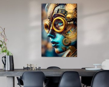 Expressionistische Steampunk Portretkunst in Goud en Blauw van Arjen Roos