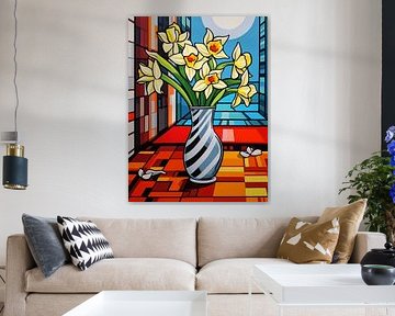Still life Narcissus Bouquet Vase Stripes Pop Art modern by gm_designs