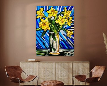 Still life Narcissus Bouquet Vase Stripes Pop Art modern by gm_designs