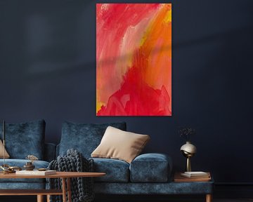 Abstracte aquarel in roze, rood, oranje, geel. van Dina Dankers