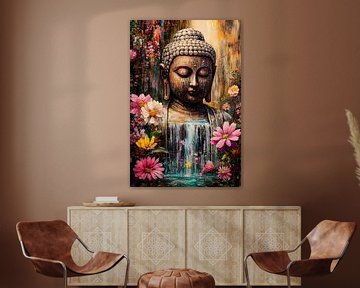 Buddha with flowers and waterfall by Art & Soul Creations