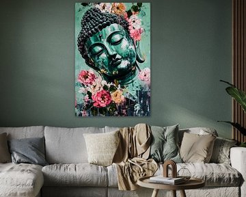 Tête de bouddha avec des fleurs colorées