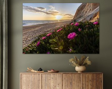 Zonsondergang op het zandstrand Praia da Falésia. Kliffen Roze bloemen bij Albufeira, Portugal van Fotos by Jan Wehnert