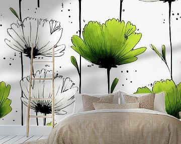 Green White Flowers | Wall Wallpaper by Karina Brouwer