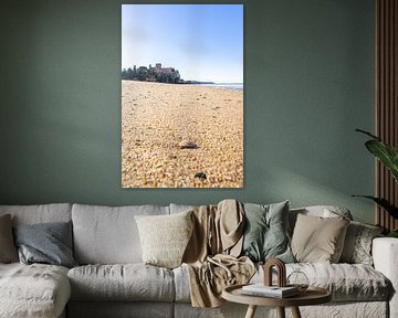 Zandstrand Praia da Angrinha met uitzicht op het kasteel Castelo de Ferragudo. Ochtend in de baai van Portimāo, Ferragudo, Algarve, Portugal