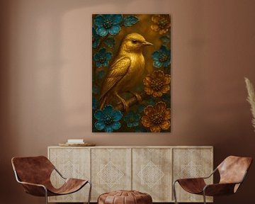 Gouden Vogel in Bloemenpracht – Natuurlijke Luxe van But First Framing