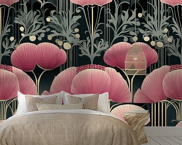 Art Deco Pink Flowers | Wall Wallpaper by Karina Brouwer