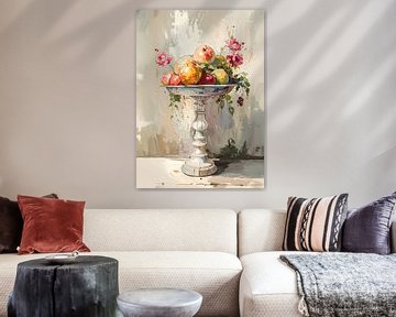 Romantisch stilleven: Fruitschaal met bloemen van Studio Pieternel