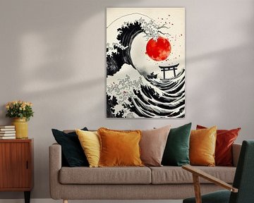 Vague japonaise avec bateau et torii