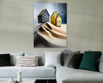 Surrealistische strandhuisjes zandduin gestileerd abstract efemeer