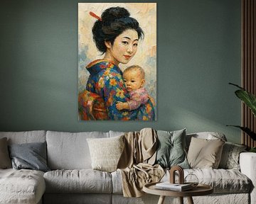 Mother love in kimono (portrait painting mother child Japan love colourful) by Natalie Bruns