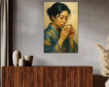 De smaak van sereniteit (Portret schilderij vrouw in kimono drinkt thee Japan Oosters) van Natalie Bruns