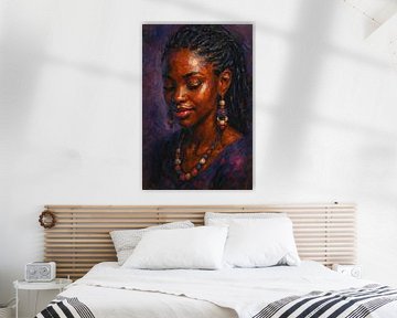Inner glow (Portrait African woman dreadlocks dark skin tone warm sophisticated painting) by Natalie Bruns