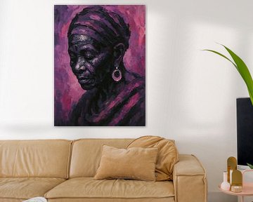In gedachten verzonken (oude Afrikaanse vrouw met hoofddoek krachtig ingetogen schilderij) van Natalie Bruns