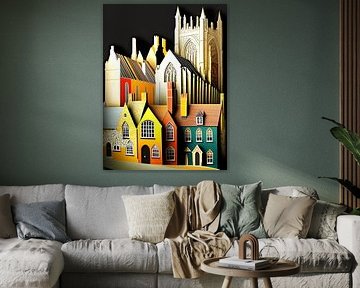 Pittoresk stadsgezicht Huizen nacht Gotische kerktoren