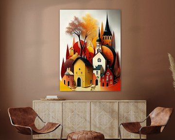 Stadsgezicht Papier Huizen Romaanse kerktorens
