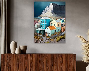 kustlandschap eiland huizen vogels surrealistisch papier maritiem