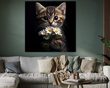 Kat met bloemen madeliefjes portret van TheXclusive Art