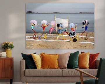 Fubby poppetjes die beach volleybal spelen op het strand.