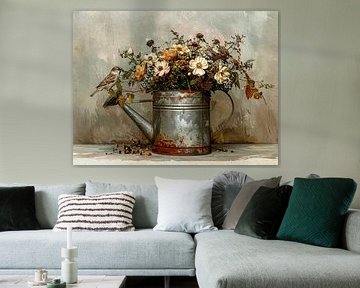 Romantisch schilderij: Huismusje op antieke gieter met bloemen