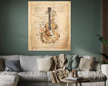 Gitaar. Vintage kunst in antieke stijl voor gitaristen & gitaarmuziek fans van SergeivoArt