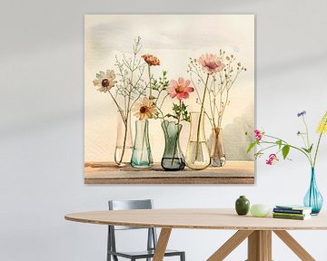 Elegant schilderij: Rij vaasjes met veldbloemen van Studio Pieternel
