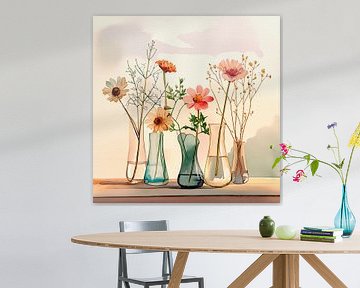 Elegant en stijlvol Stilleven: Rij vaasjes met veldbloemen van Studio Pieternel
