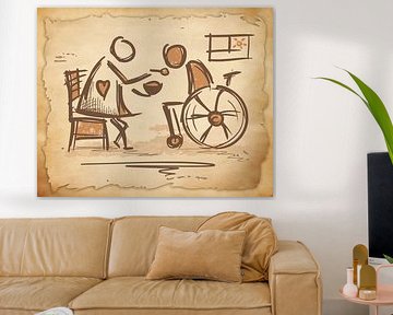 Soignante &amp ; personne en fauteuil roulant. Art de croquis vintage. Soins aux personnes âgées / soins infirmiers.
