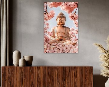 Gouden Boeddha omringd door bloesems
