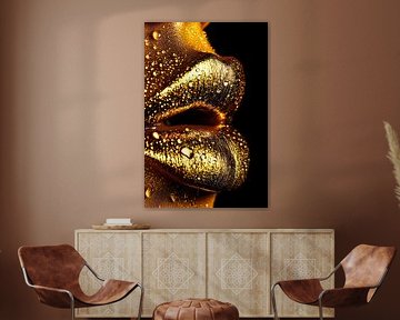 Gouden lippen met waterdruppels