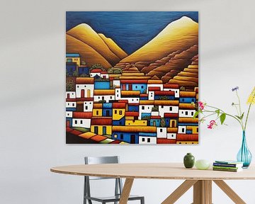 Naïeve kunst nederzetting gestileerde kleurrijke huizen bergen grafisch
