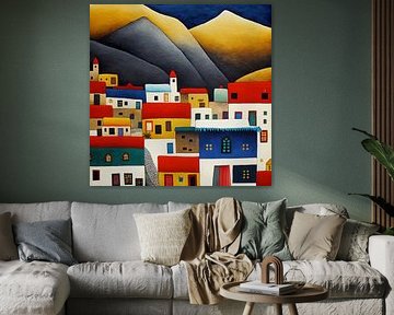 Naïeve kunst nederzetting gestileerde kleurrijke huizen bergen grafisch