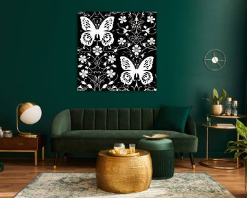 Kant zwart wit vlinders bloemen ornament elegant