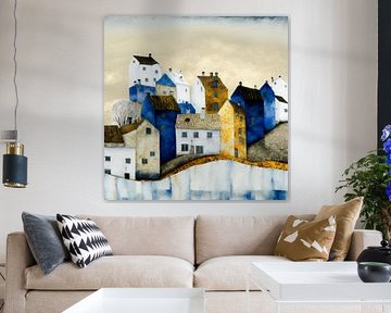 Cityscape houses hills stylised blue white grey gold