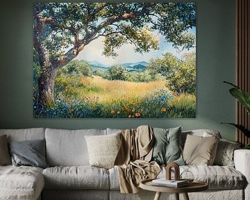 Rollendes grünes Feld mit Blumen