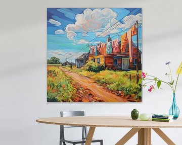 Village Street Wooden house Clothesline Laundry Sun Clouds