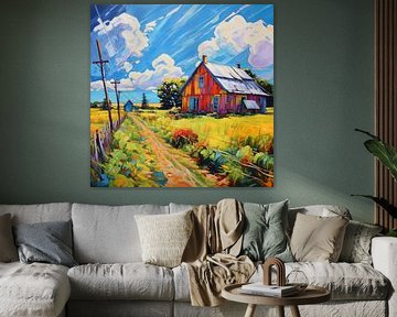 Landscape Village Path Wooden house Sun Clouds Fields Idyll