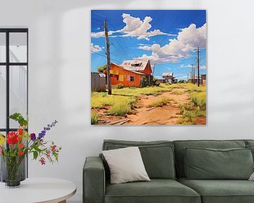 Landscape Village Path Wooden house Sun Clouds Fields Idyll